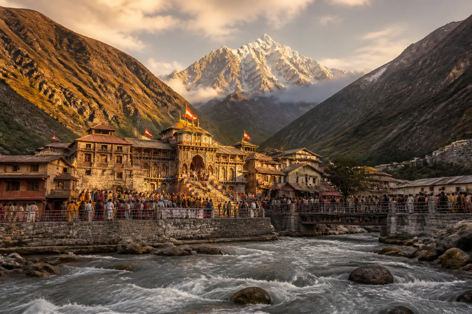 Badrinath temple complex at golden hour in the Himalayas